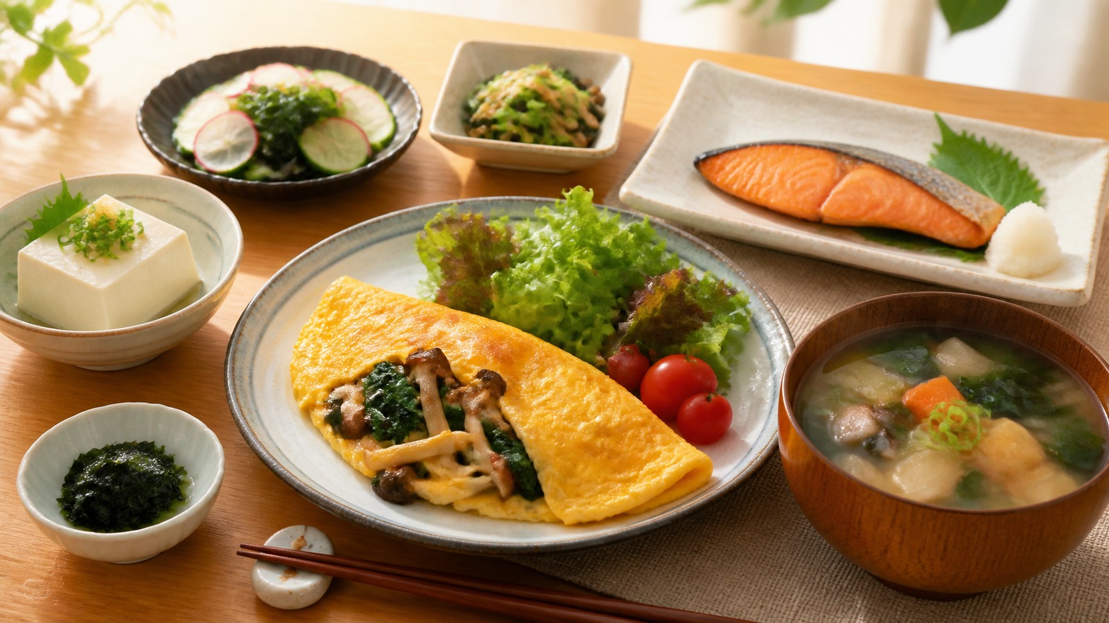 糖質制限中の朝ごはんとして、卵料理、焼き魚、豆腐、野菜、具だくさん味噌汁を一つの食卓に並べた明るい和洋ミックスの朝食イメージ