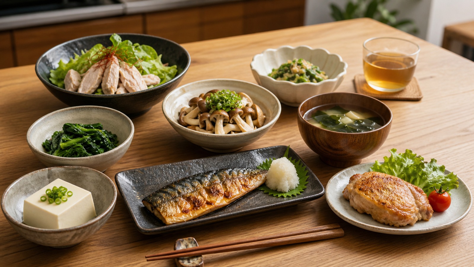 低糖質の夜ご飯として焼き魚、鶏肉、豆腐、葉物野菜、きのこスープを木のテーブルに並べた明るい食卓の写真風イメージ