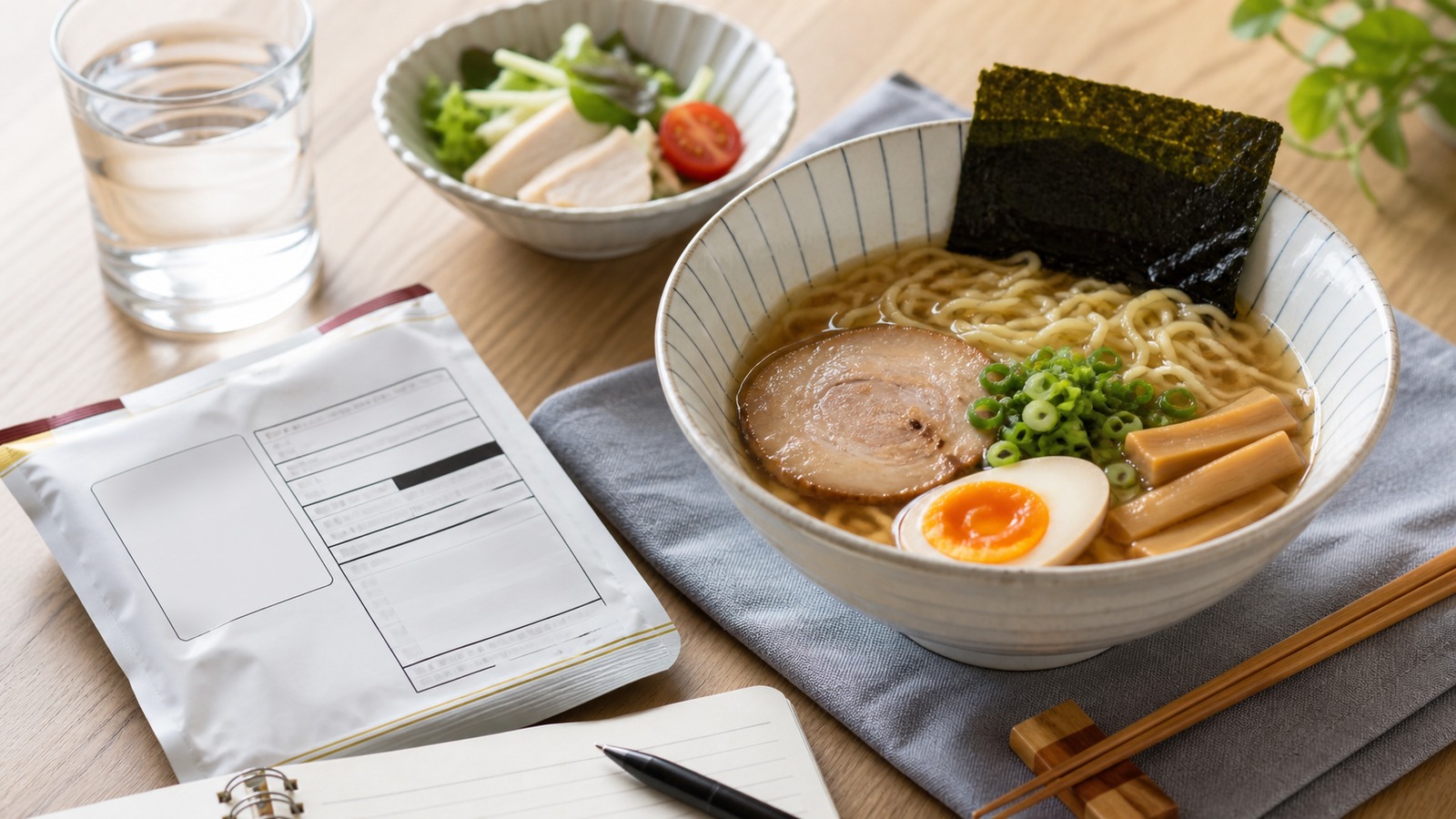 ラーメンと栄養成分表示を並べて、麺量・スープ・具材を確認している明るい食卓のイメージ