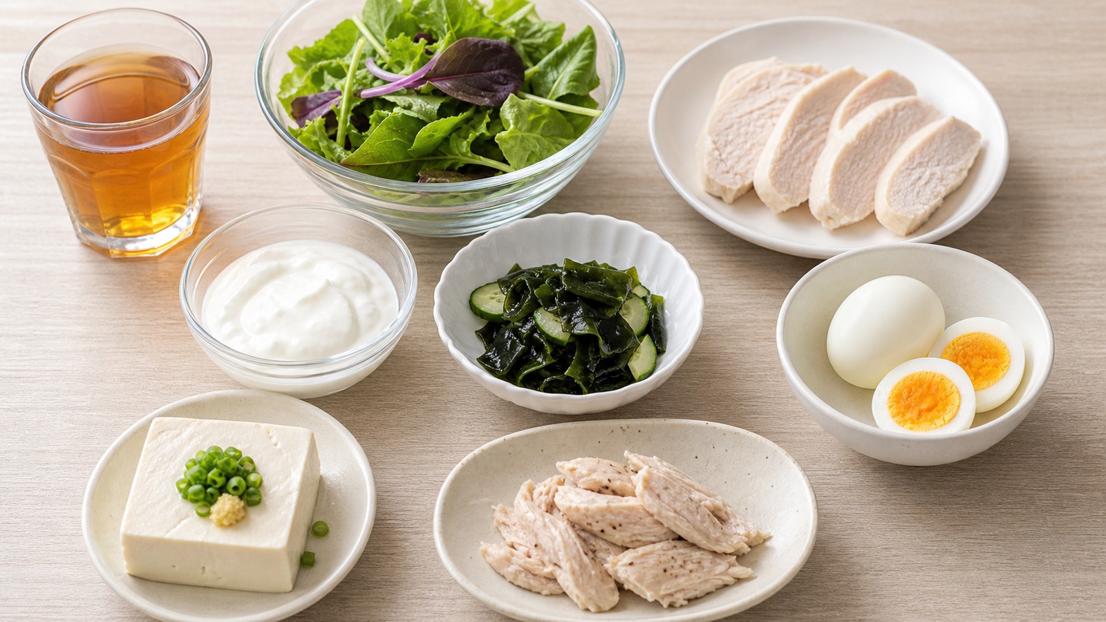 コンビニで買える糖質制限向け朝食として、サラダチキン、ゆで卵、海藻サラダ、無糖ヨーグルト、無糖のお茶を清潔に並べた写真風イメージ