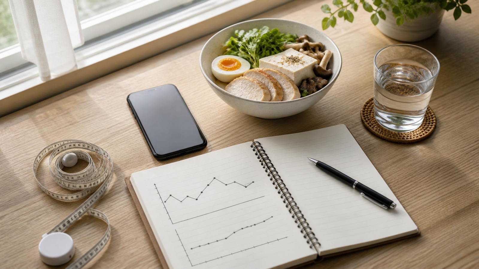 体重、ウエスト、食事記録、運動記録をノートに整理しながら低糖質の食事を見直すシンプルなデスク写真風イメージ