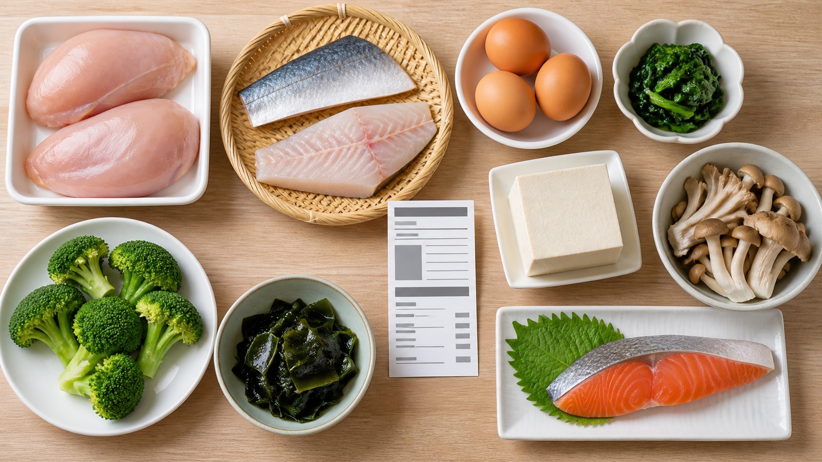低糖質の食材選びとして鶏肉、魚、卵、豆腐、ブロッコリー、きのこ、海藻、栄養成分表示を並べた俯瞰写真風イメージ
