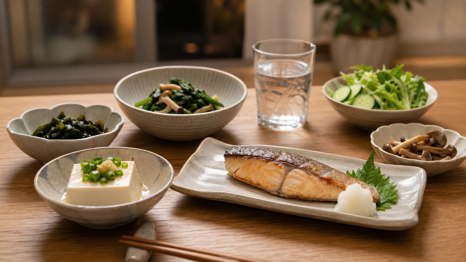 ラーメンを食べた日の夜に、魚・豆腐・野菜のおかずと水を用意した落ち着いた食卓のイメージ