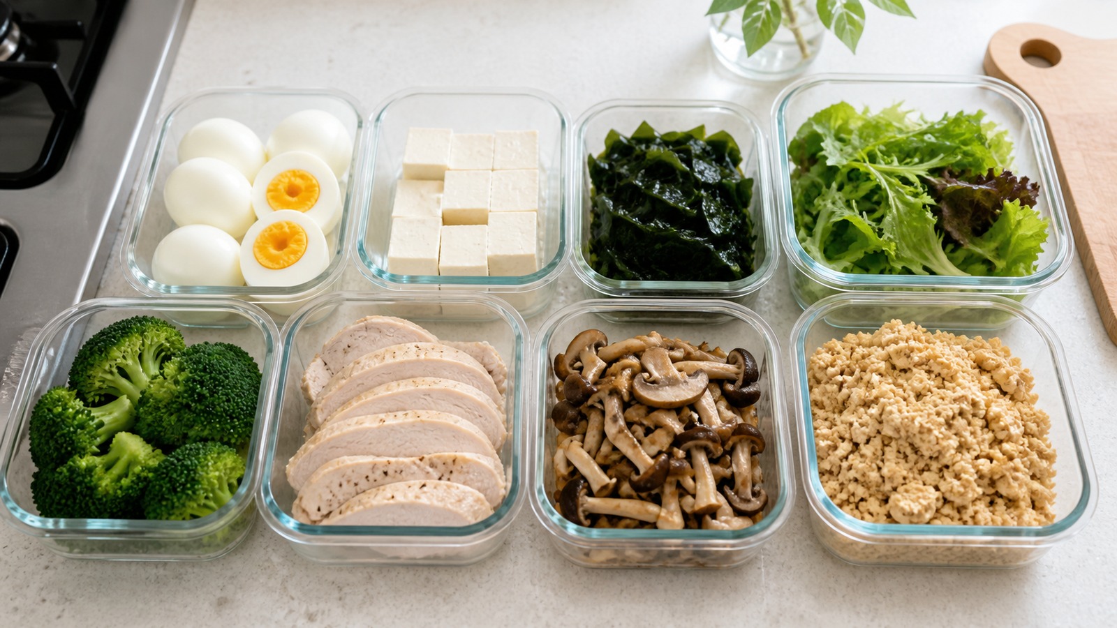 糖質制限朝ごはん用の作り置きとして、ゆで卵、蒸し鶏、きのこ、ブロッコリー、豆腐そぼろを保存容器に分けた明るいキッチン写真風イメージ