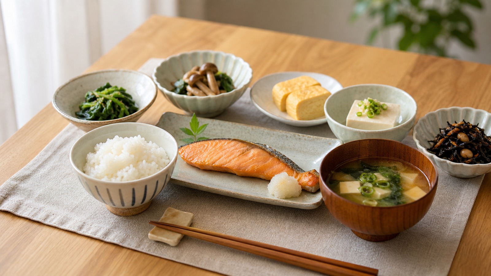 糖質制限から主食量を少しずつ戻すために小盛りのご飯、魚、卵、野菜、味噌汁を並べた和食の写真風イメージ