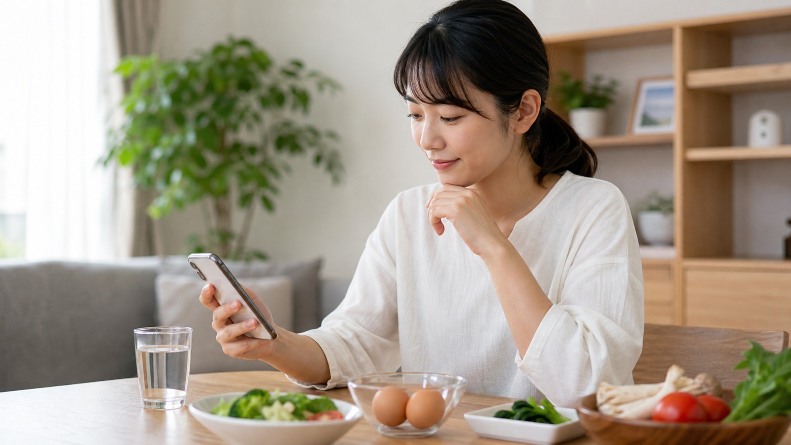 スマートフォンの食事メモにラーメン後の食事予定を書き、落ち着いて水を飲む日本人女性のイメージ