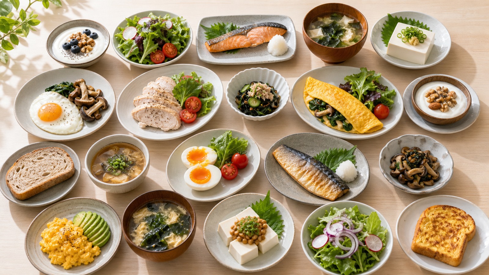 糖質制限朝ごはんの1週間メニューをイメージし、卵、魚、スープ、ヨーグルト、低糖質パンなどを曜日ごとに並べた明るい俯瞰写真風イメージ