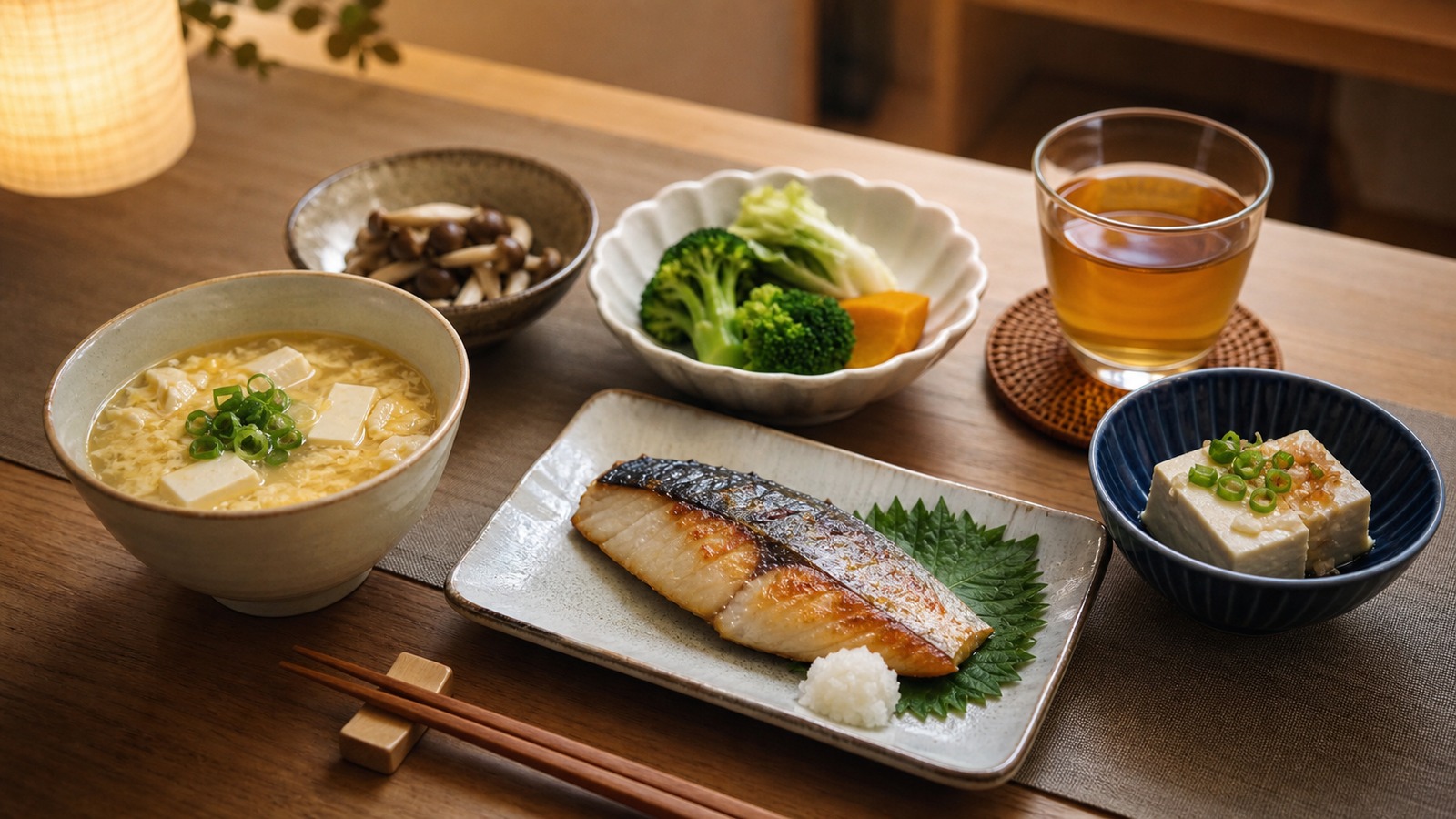 夜遅い時間でも重すぎない低糖質メニューとして豆腐卵スープ、焼き魚、温野菜、無糖のお茶を落ち着いた食卓に置いた写真風イメージ
