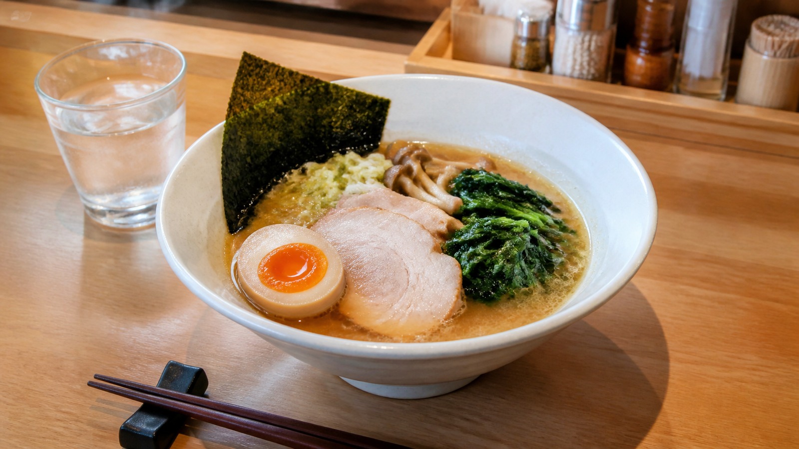 麺少なめのラーメンに卵・チャーシュー・野菜を添え、スープを飲み干さず楽しむ外食シーンのイメージ