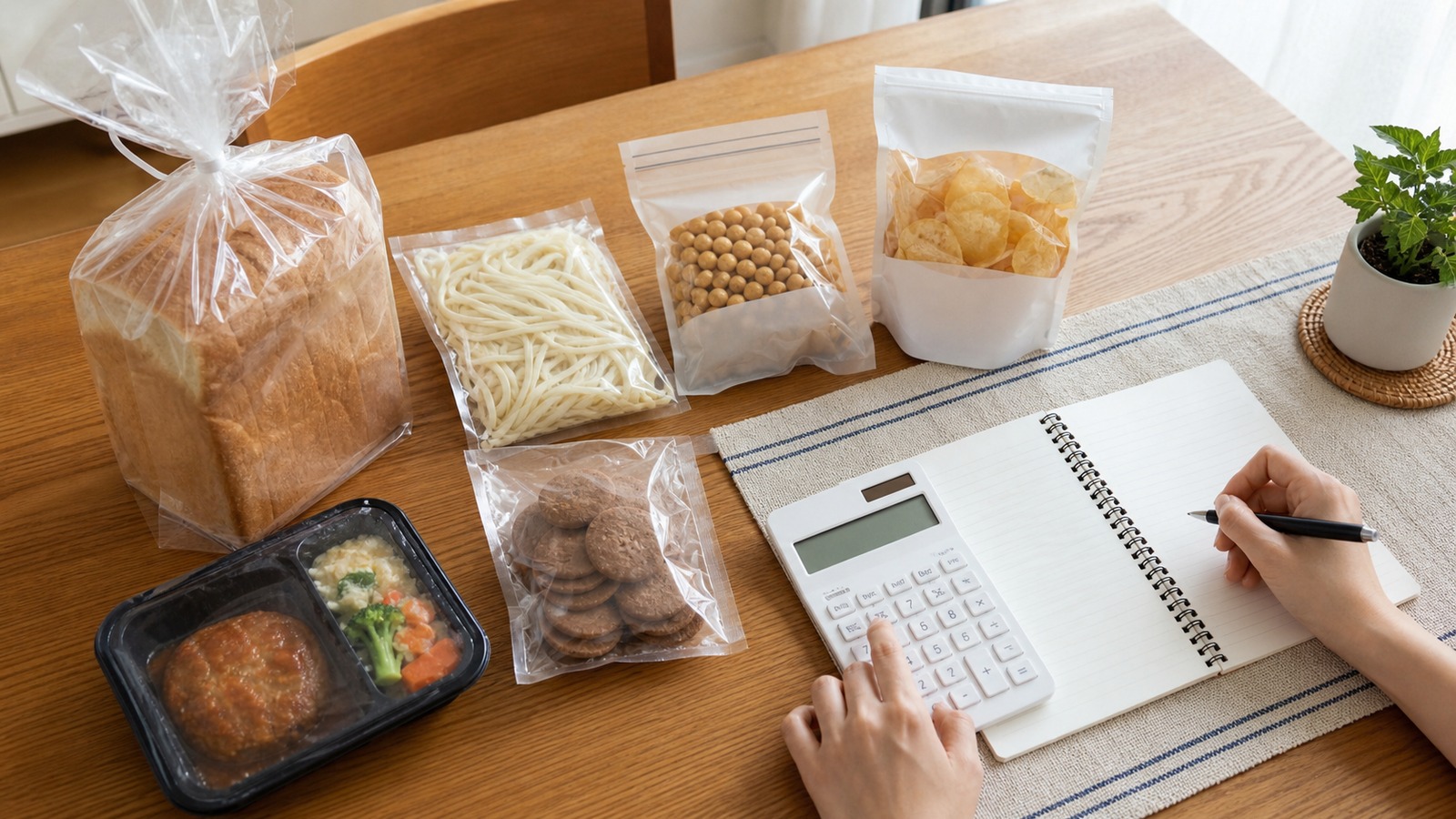 ロカボ食品の価格、内容量、一食分をメモ帳と電卓で比較している買い物前の様子