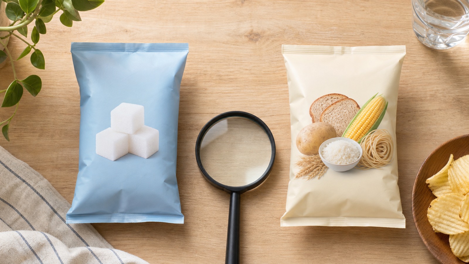 糖類ゼロと糖質ゼロの食品表示を虫眼鏡で見比べる実用的な俯瞰写真