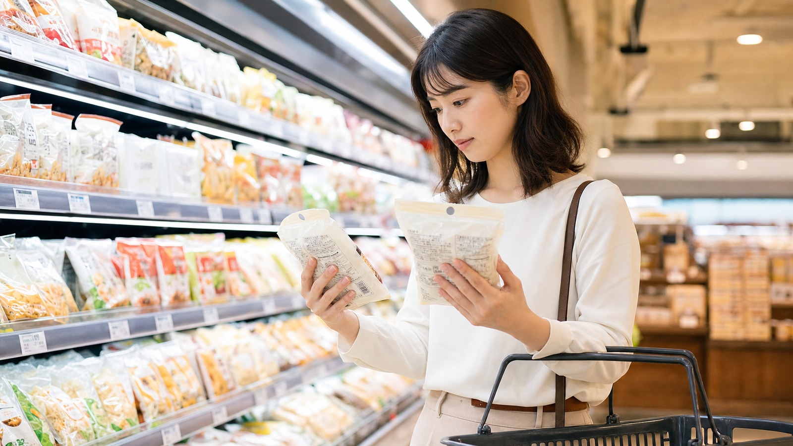 日本のスーパーマーケットで食品表示を落ち着いて確認する買い物客