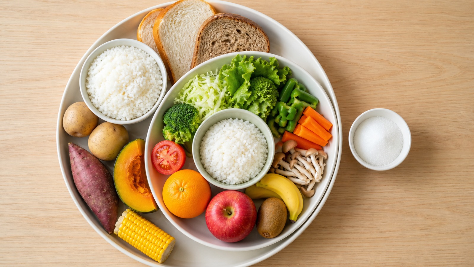 炭水化物の中に糖質と食物繊維があり、糖質の中に糖類とでんぷんなどがある関係を、砂糖・ご飯・野菜の実物で表したイメージ