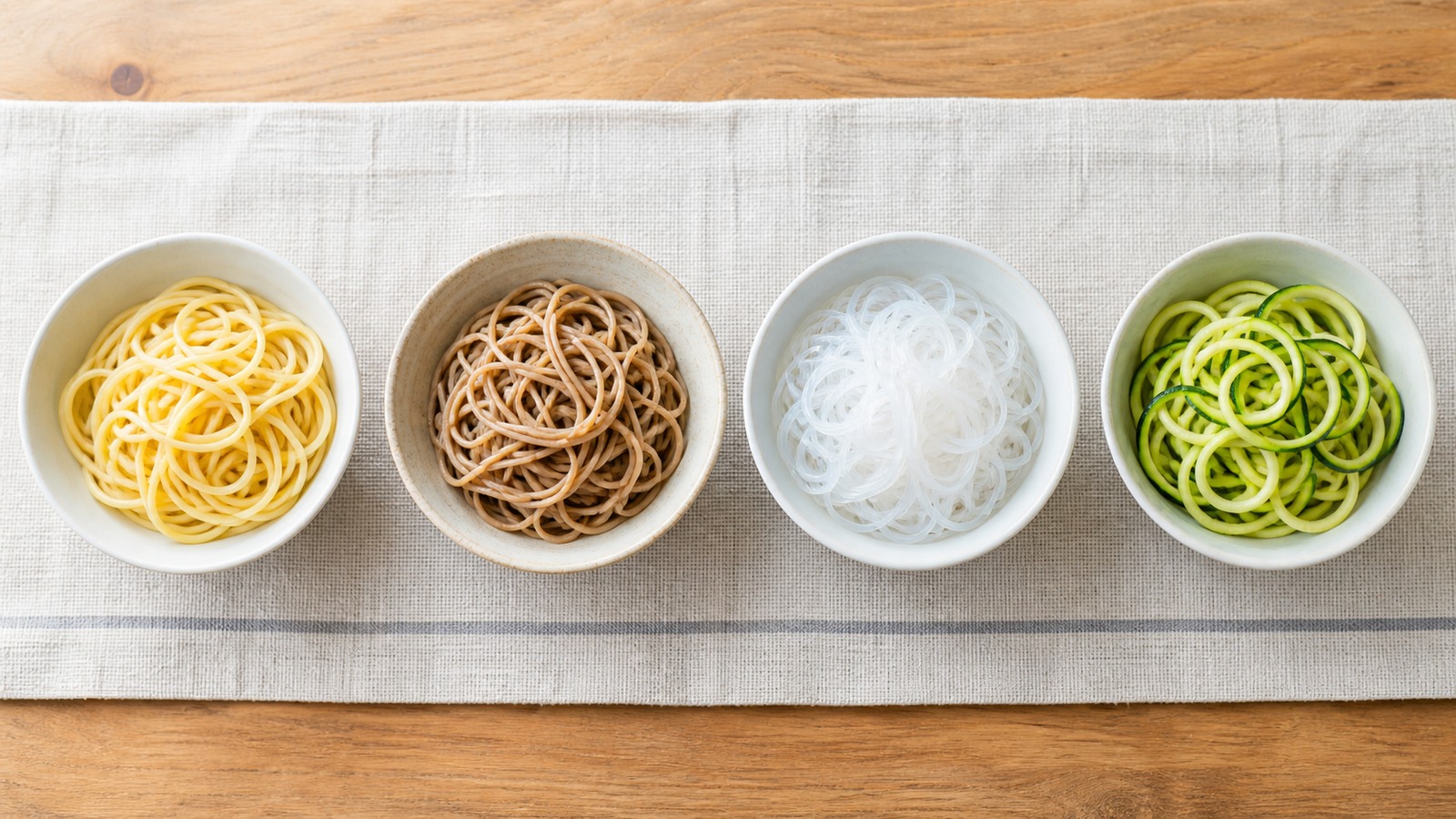 通常パスタ、大豆麺、こんにゃく麺、ズッキーニ麺を並べて違いを比較するイメージ