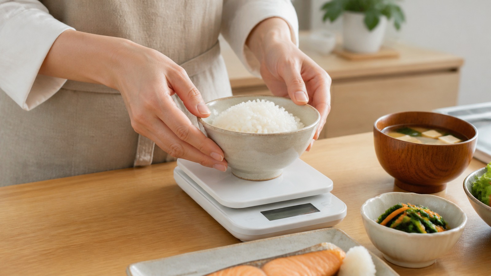 キッチンスケールで白いご飯100gを計量している食卓の様子