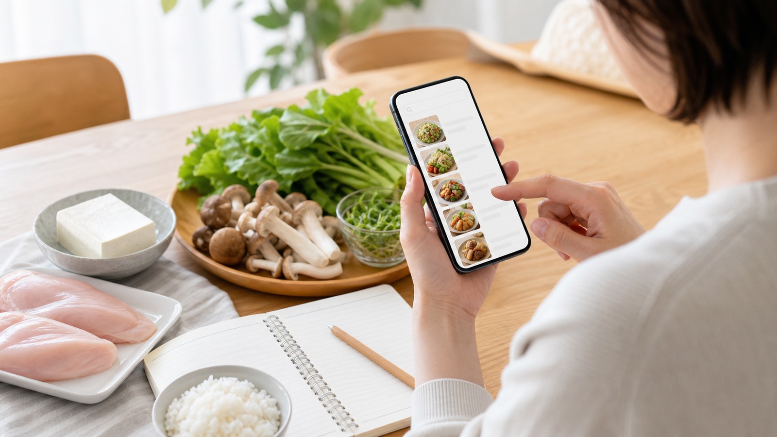 クックパッドで糖質制限レシピを検索しながら献立を考える食卓