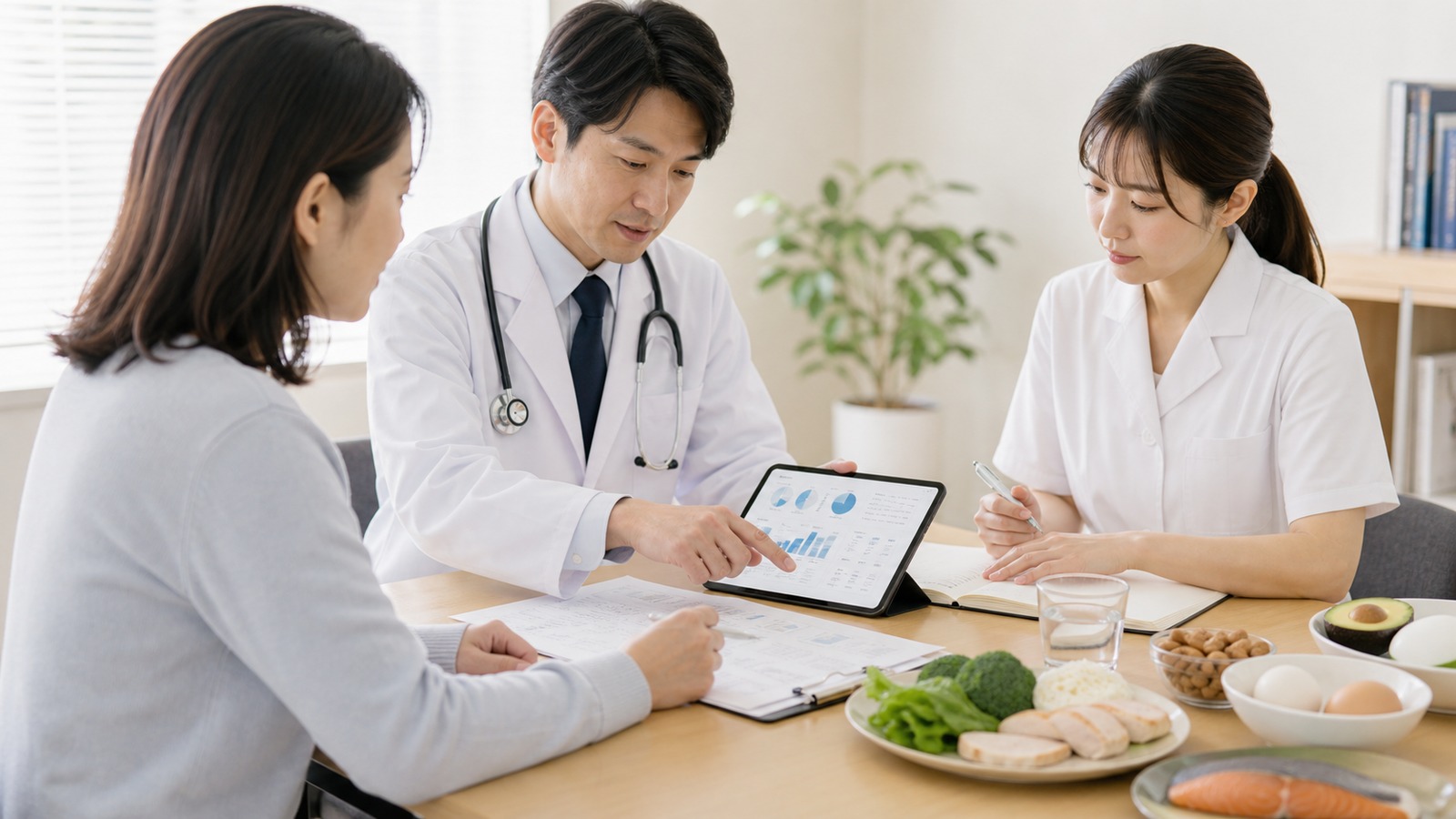 てんかんの食事療法について医師と管理栄養士に相談しながらノートを確認している場面