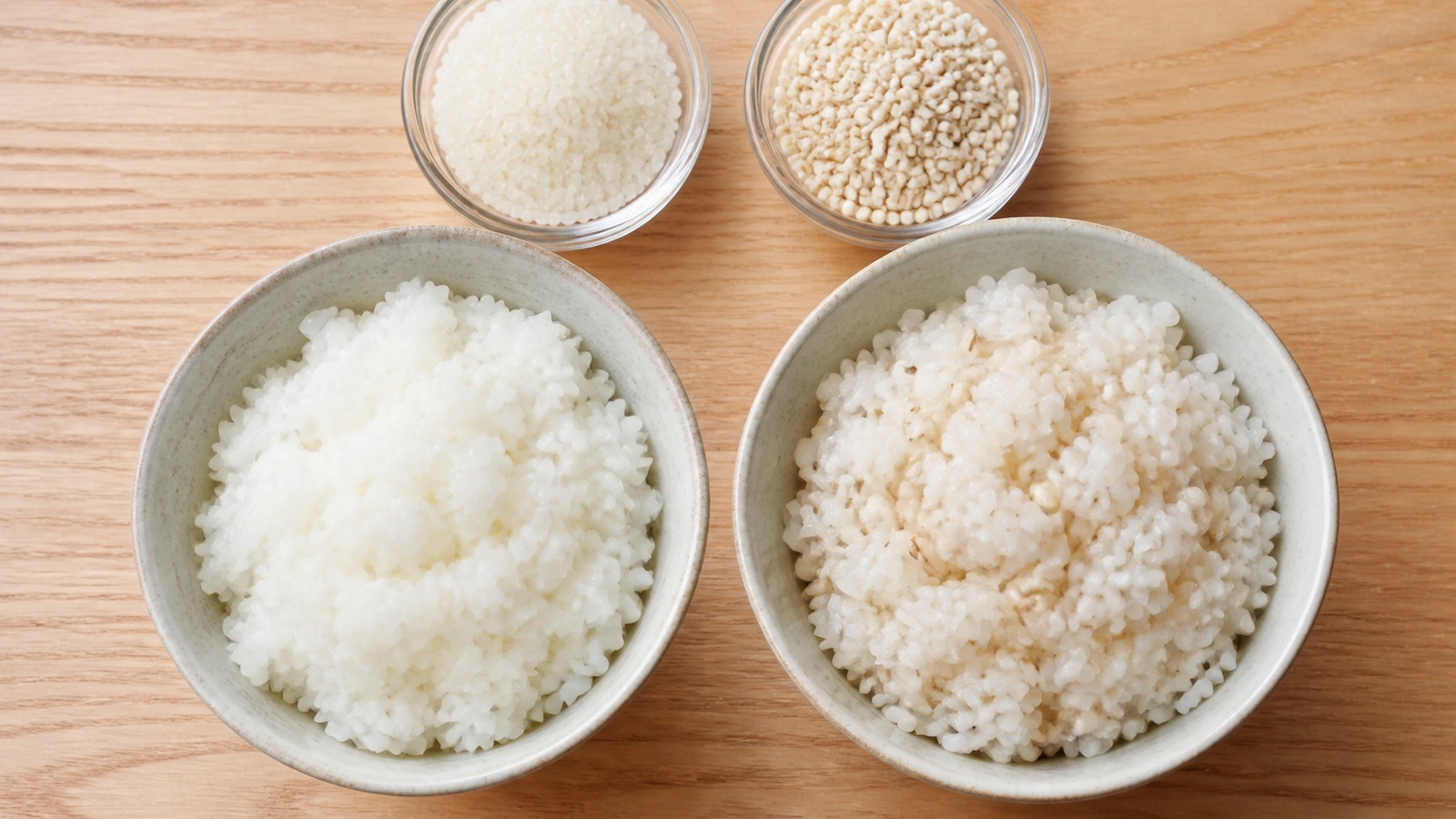 白米ともち麦を並べて糖質と食物繊維の違いをイメージできる食卓