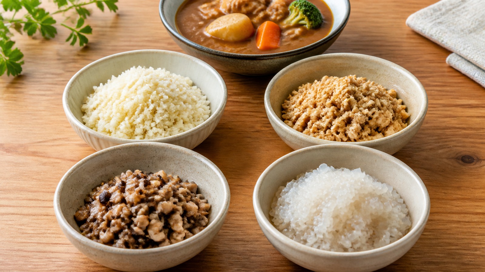 カリフラワーライス、炒り豆腐、きのこ、こんにゃく米を並べたカレーのご飯代わり比較