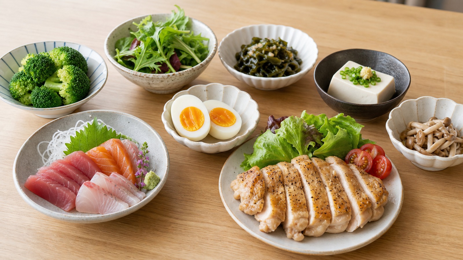 肉・魚・卵・豆腐・葉物野菜・きのこを並べた糖質の低い食べ物の例