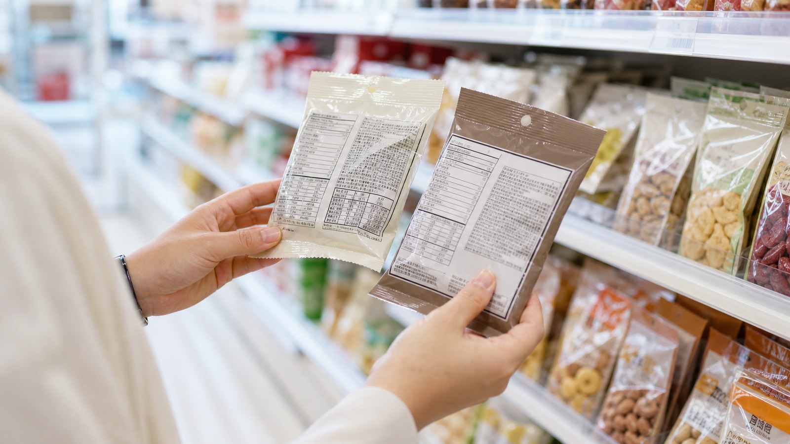 セブンイレブン風のコンビニおやつ売り場で栄養成分表示を見比べる手元
