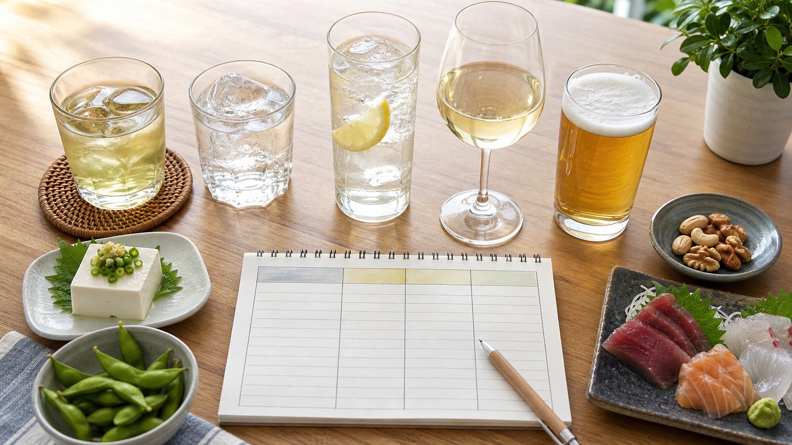 テーブルの上に低糖質のお酒と栄養成分表示のメモが並ぶ比較イメージ