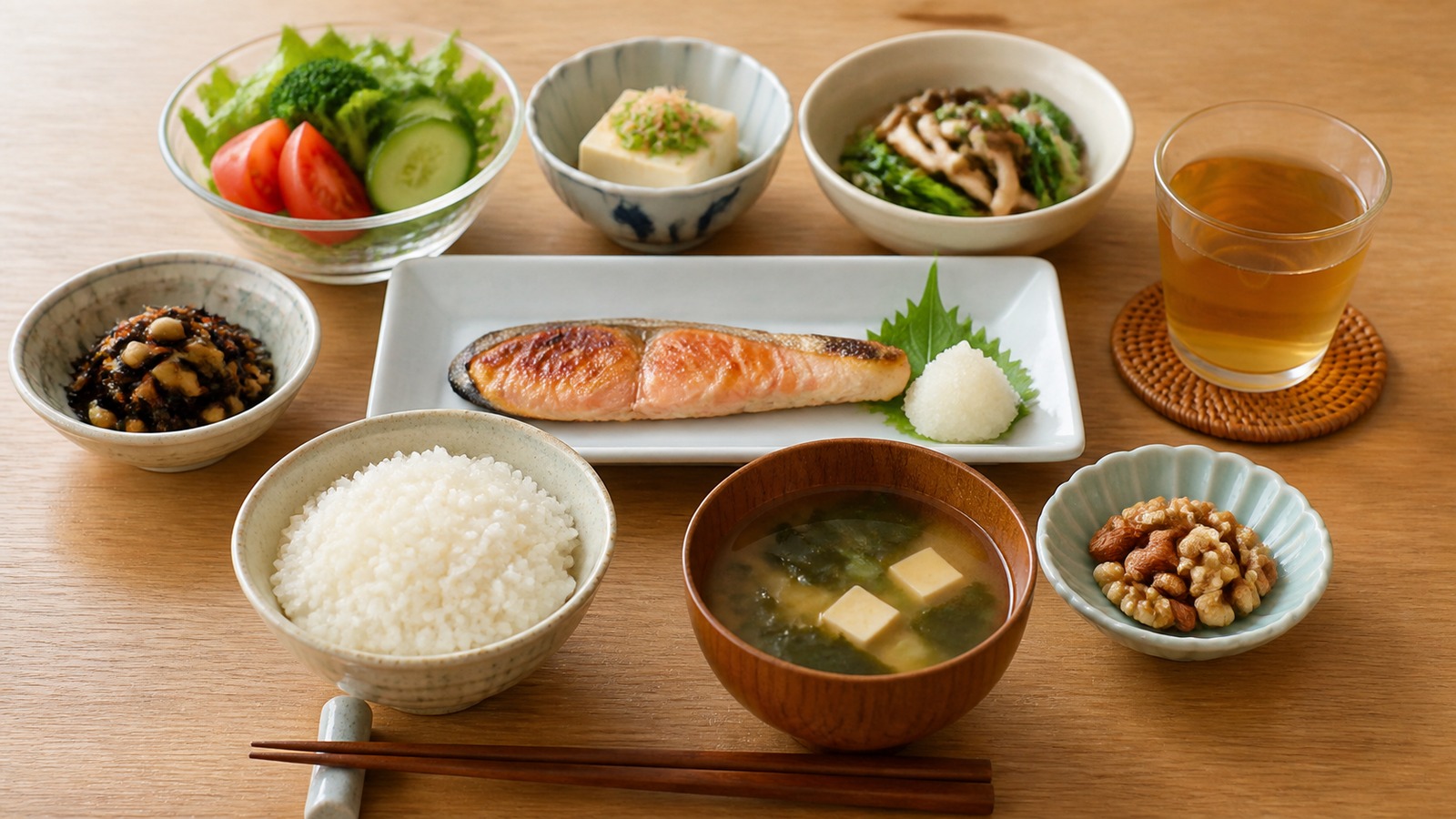 糖質・脂質・たんぱく質のバランスを見直すための食卓イメージ