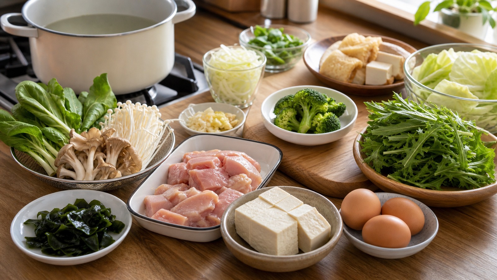 低糖質な具材を並べたキッチンで、鍋にスープを作る準備をしている様子