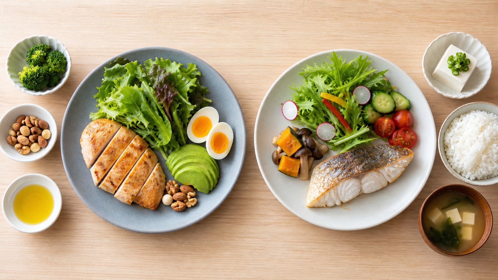 糖質制限と脂質制限の食事を左右に並べて比較する俯瞰写真