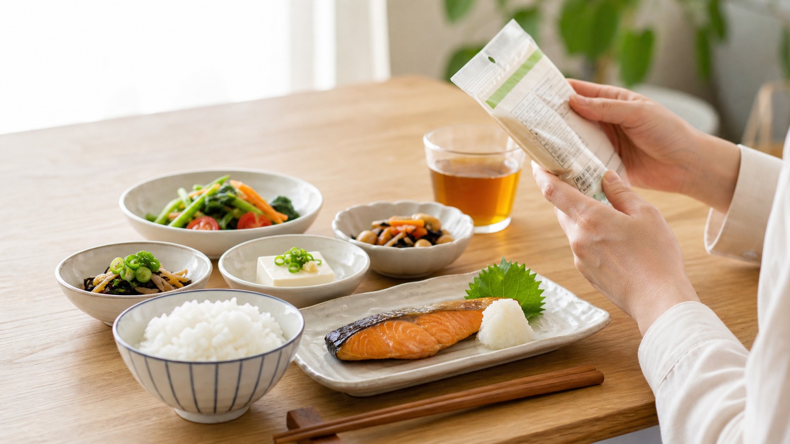 主食・主菜・副菜がそろった和食と栄養成分表示を確認する手元