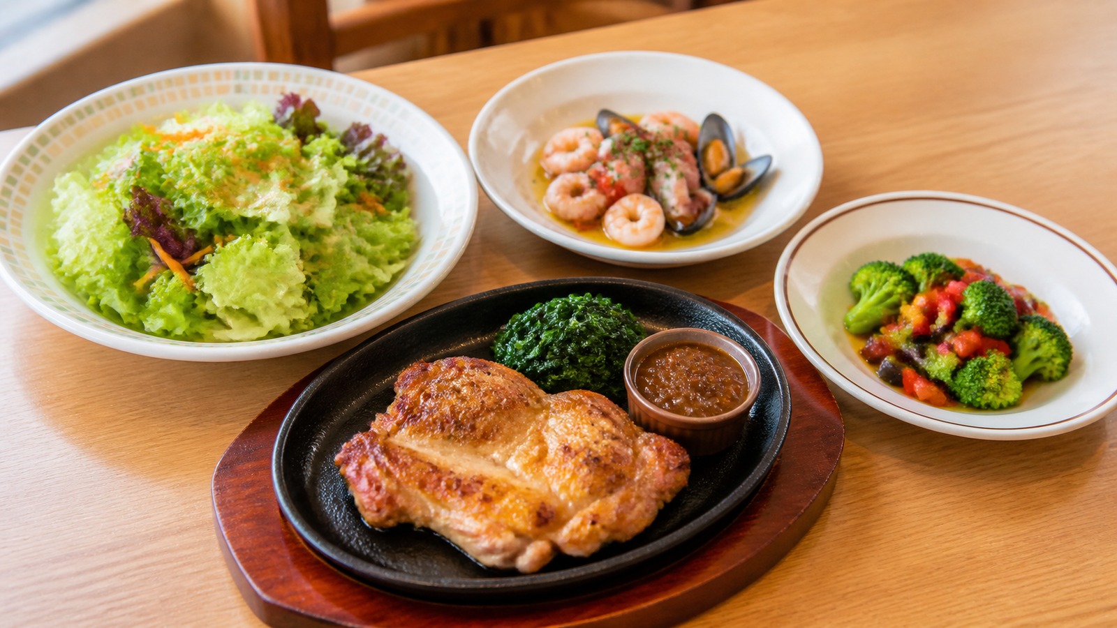 低糖質寄りに選びやすい外食メニューとして、グリルチキン、葉物サラダ、魚介の前菜が明るいテーブルに並ぶ横長写真
