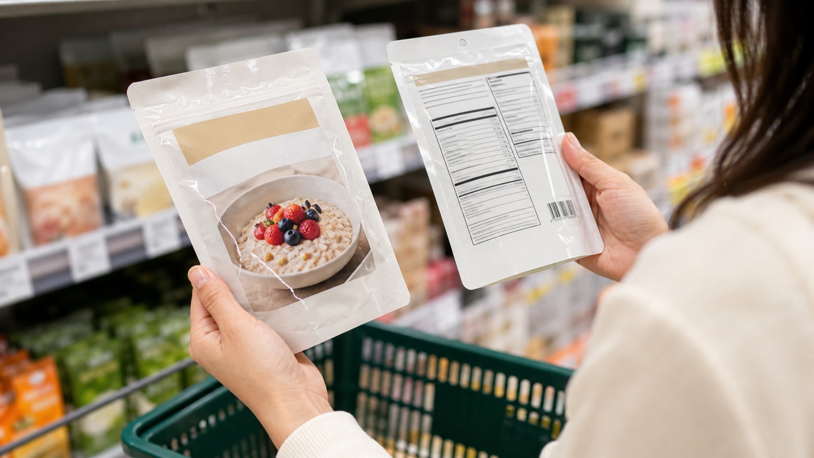 スーパーで食品パッケージの表面表示と裏面の栄養成分表示を見比べている手元のイメージ