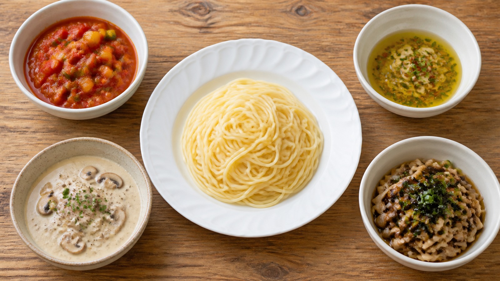低糖質パスタのソース候補としてトマト、オイル、クリーム、和風を並べたイメージ