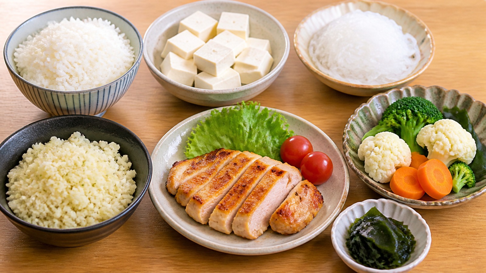 小盛りごはん、豆腐、しらたき麺、野菜を並べた主食調整の食卓写真