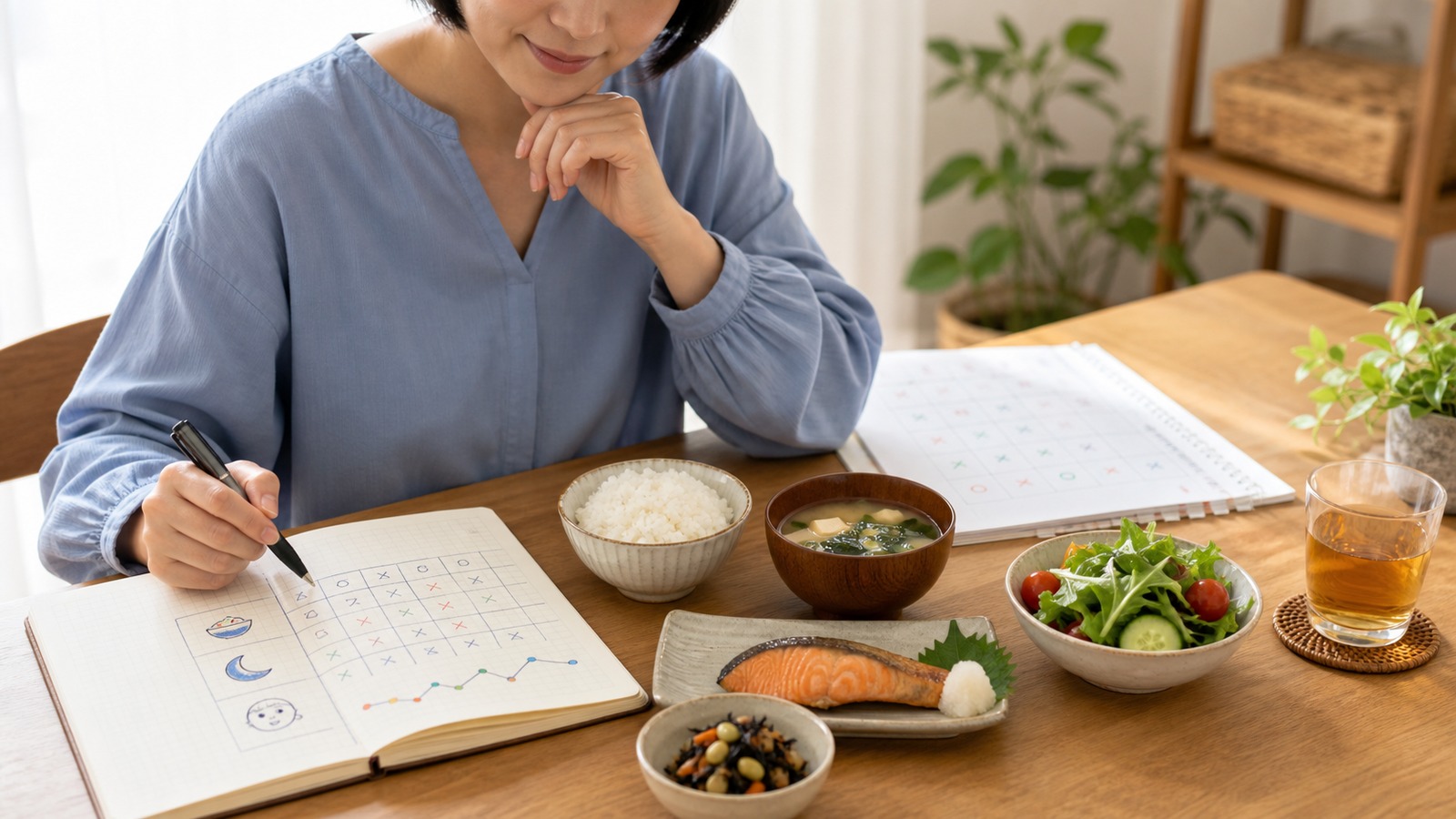 体調記録ノートと食事内容を照らし合わせる様子