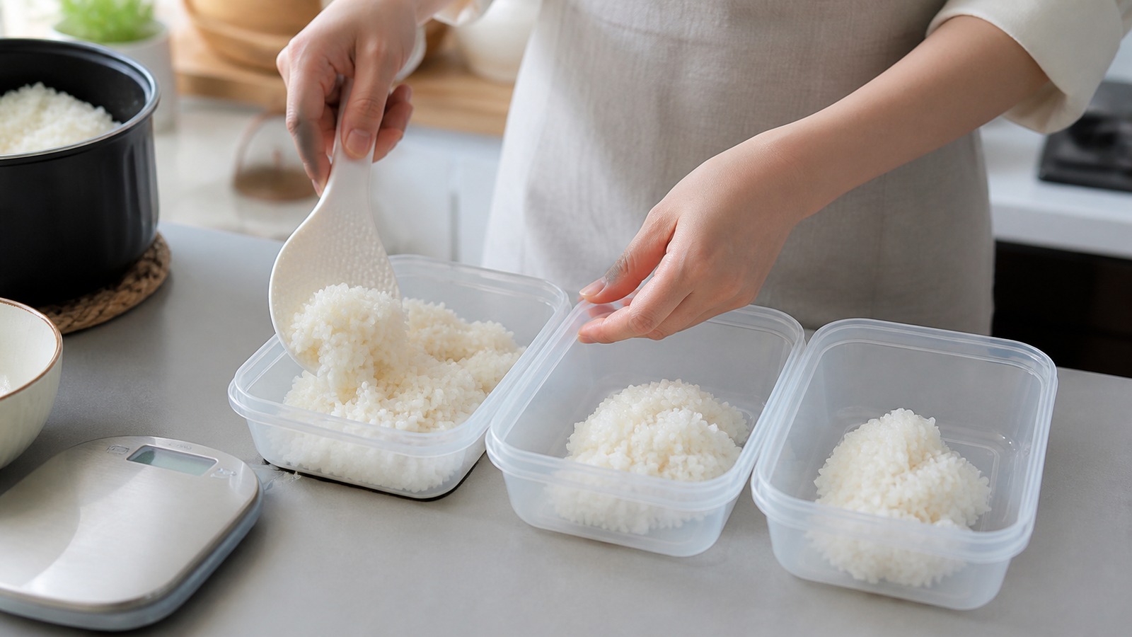 炊き上がったご飯を100gと150gに分けて冷凍保存容器へ入れる様子