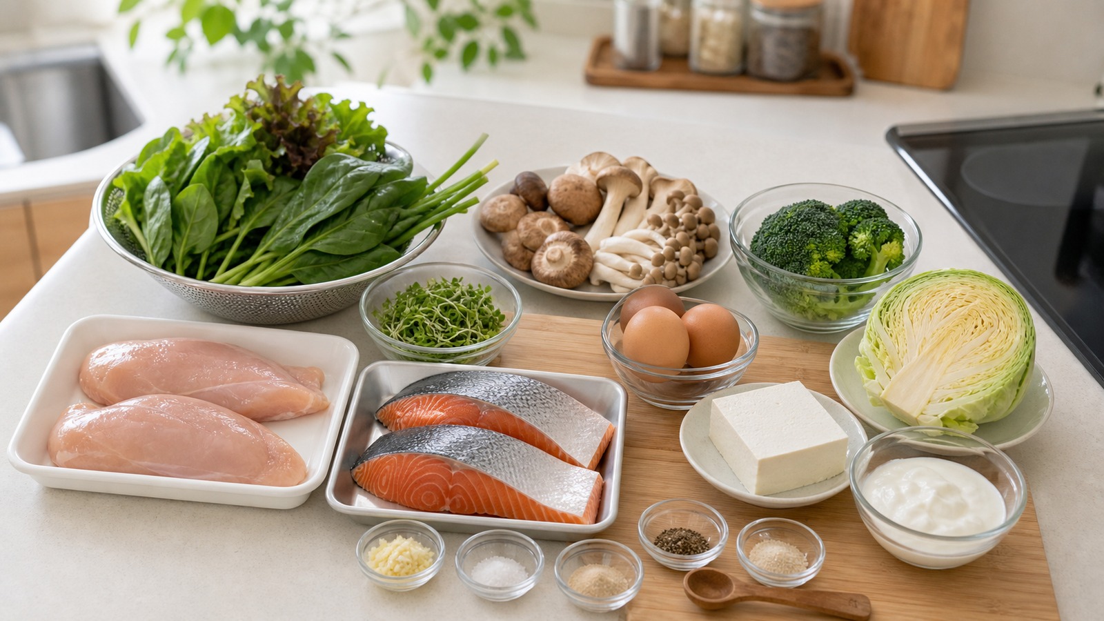 肉や魚、豆腐、野菜、調味料を並べてレシピの材料を確認する様子