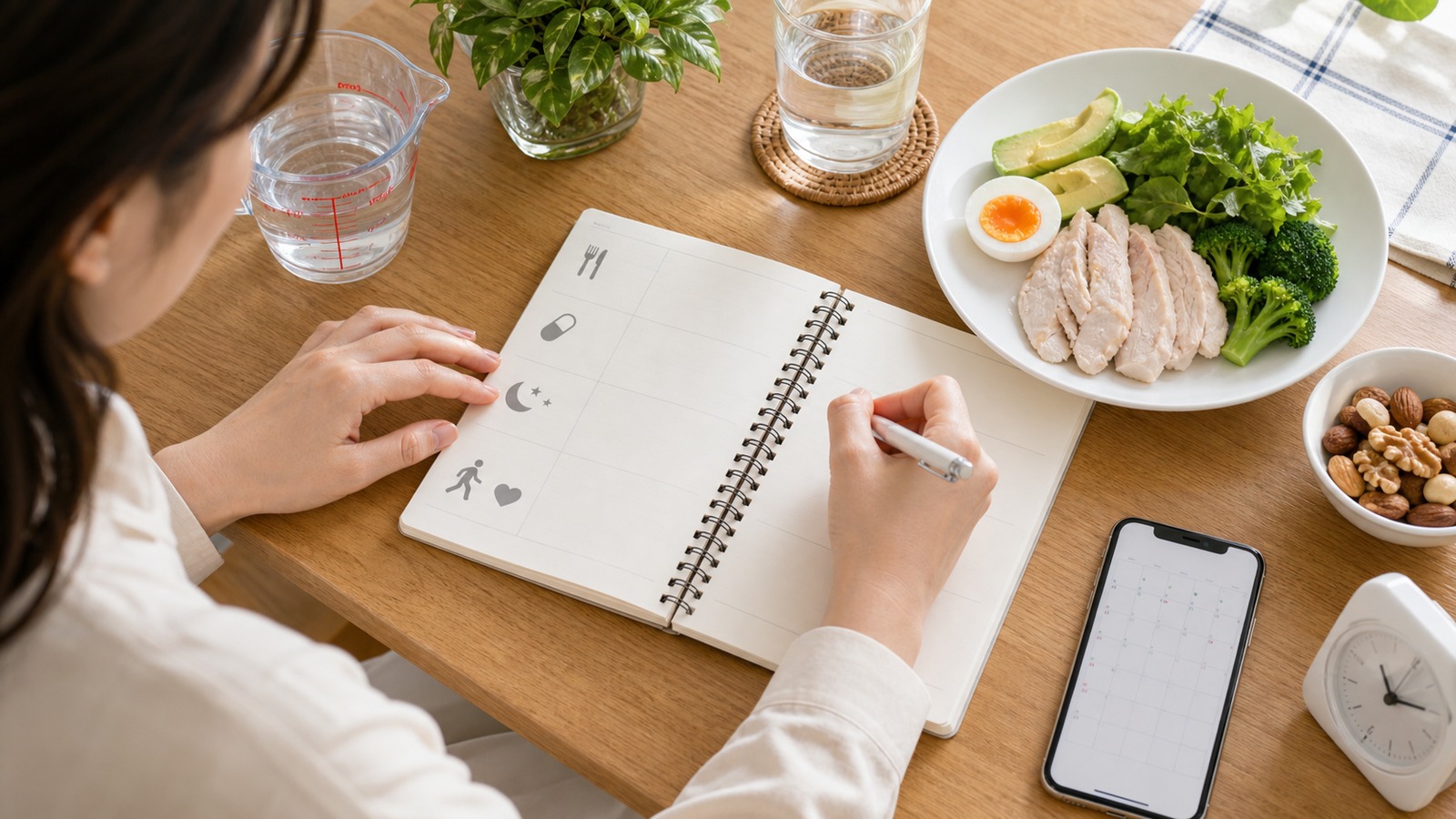 食事記録、服薬メモ、体調メモを同じノートにまとめている手元のイメージ