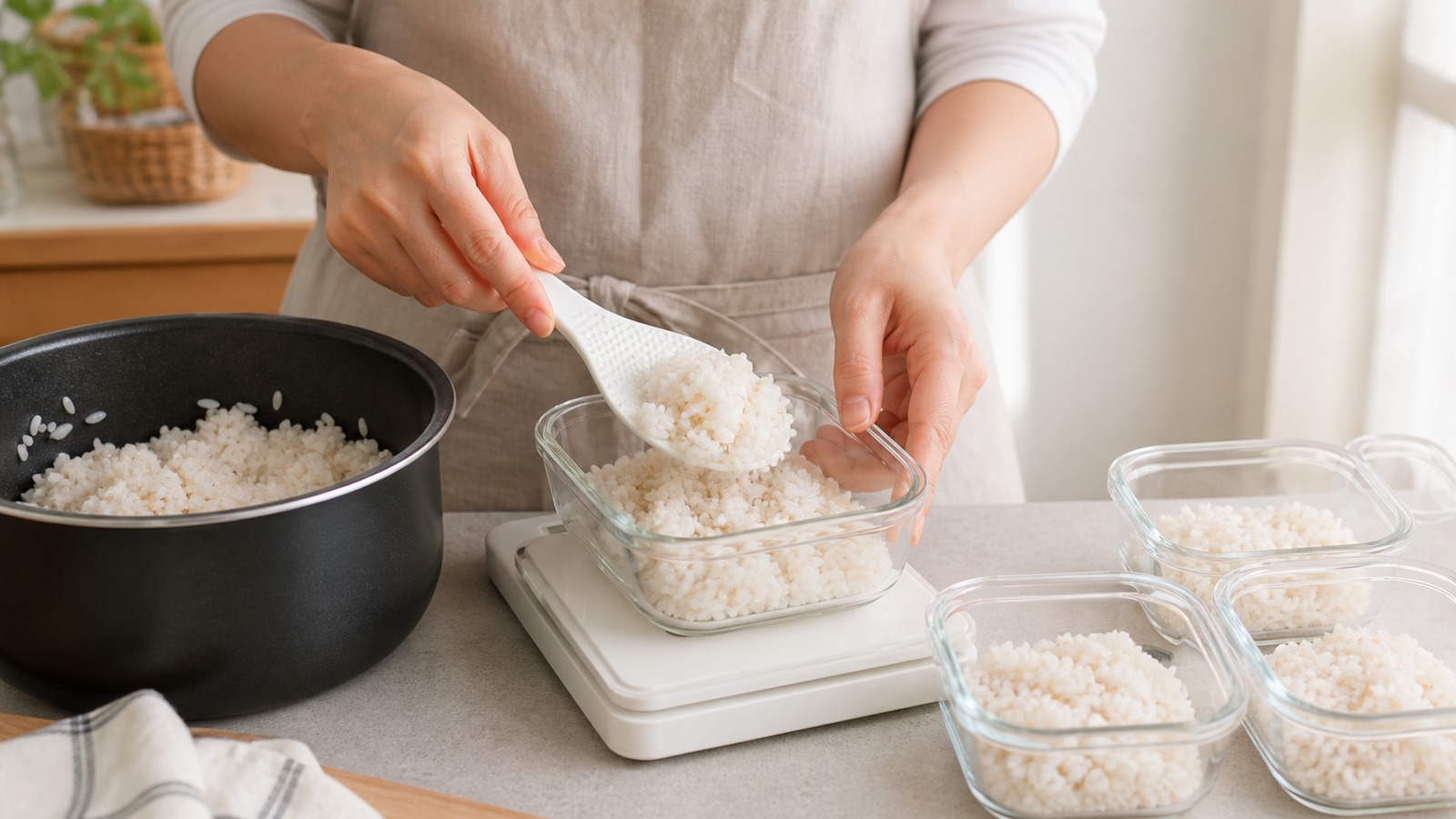キッチンスケールで一食分のもち麦ご飯を小分けしている様子