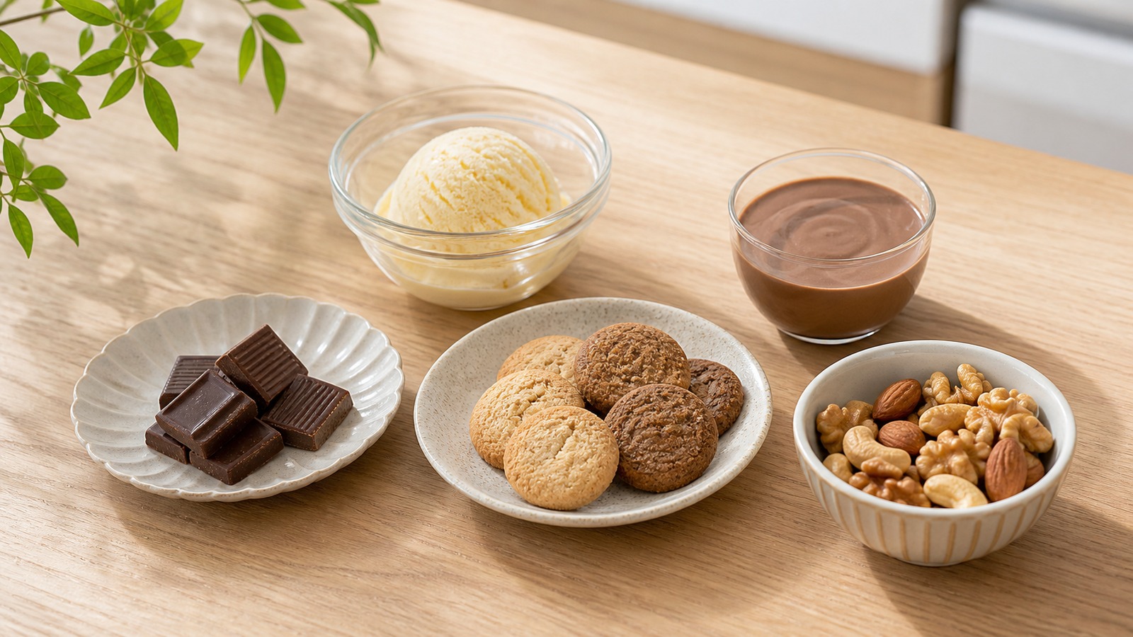 低糖質を意識したチョコレート、クッキー、ナッツ、プリン、アイスを少量ずつ並べた比較イメージ