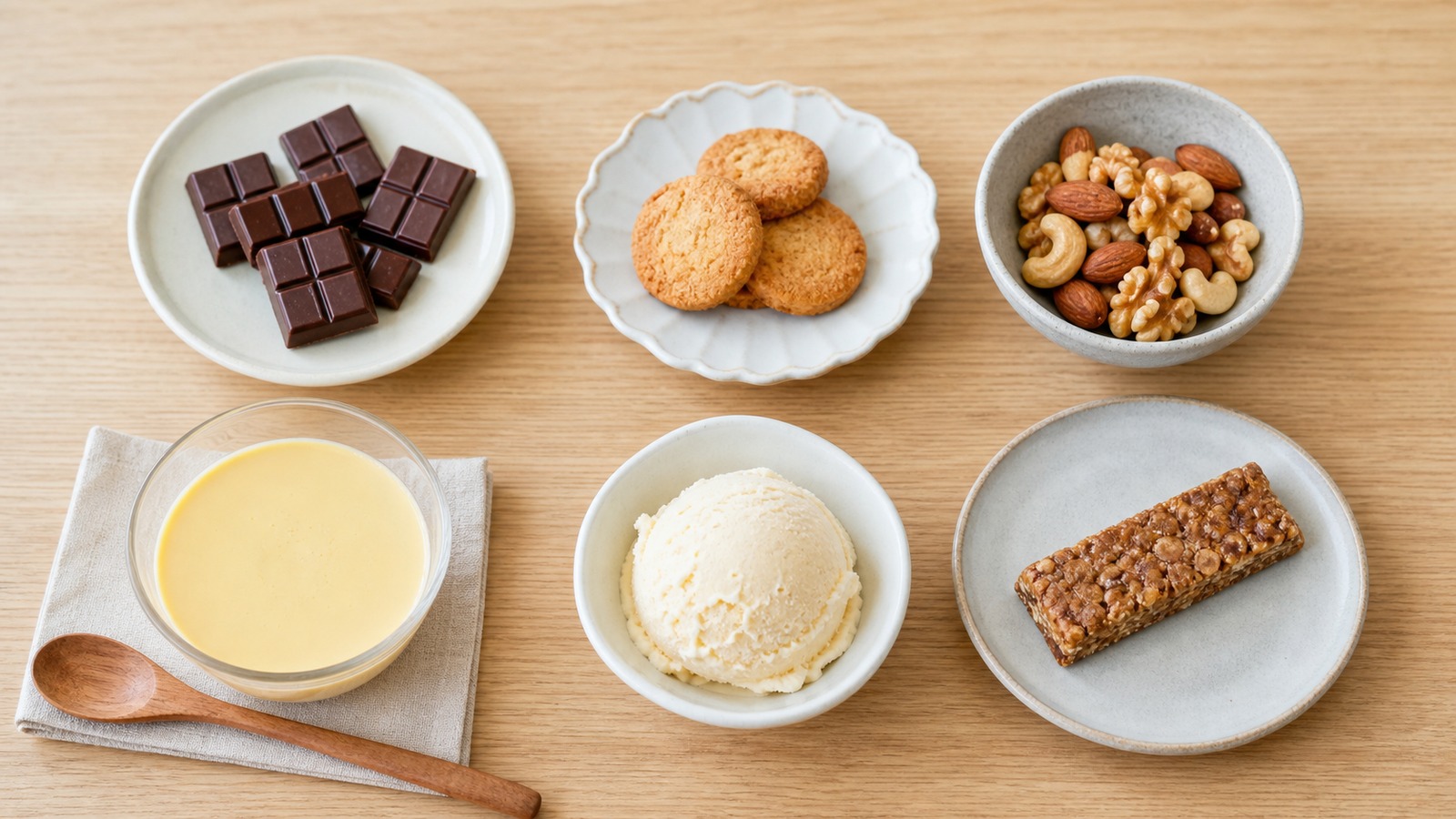 低糖質を意識したチョコレート、クッキー、ナッツ、プリン、アイスを少量ずつ並べた比較イメージ