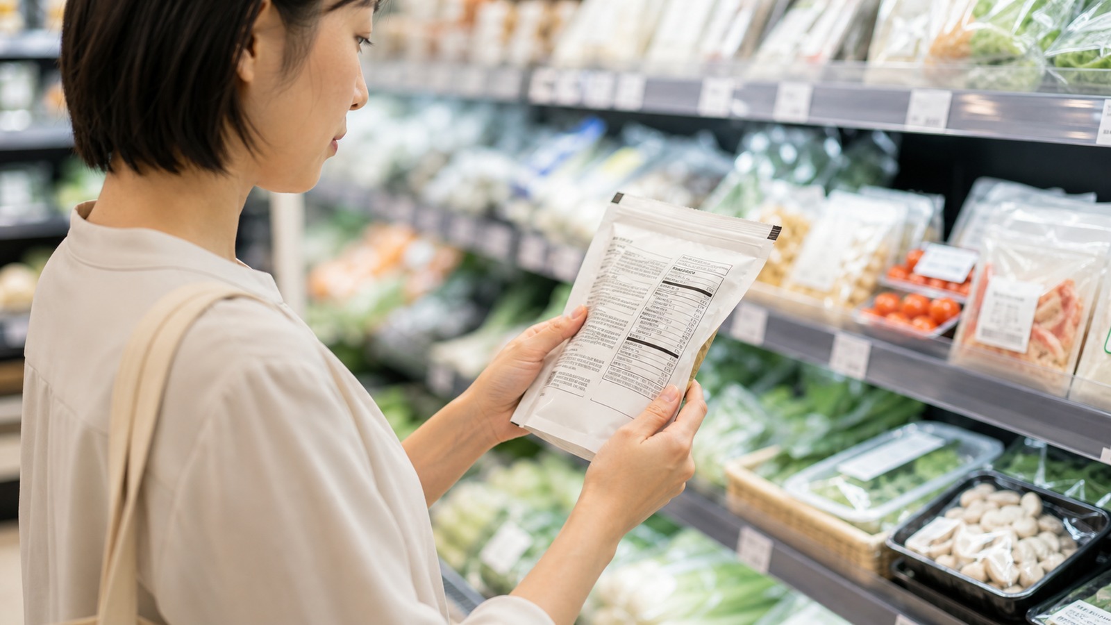 スーパーで栄養成分表示を確認しながら低糖質食品を選ぶ日本人の買い物客の手元の写真