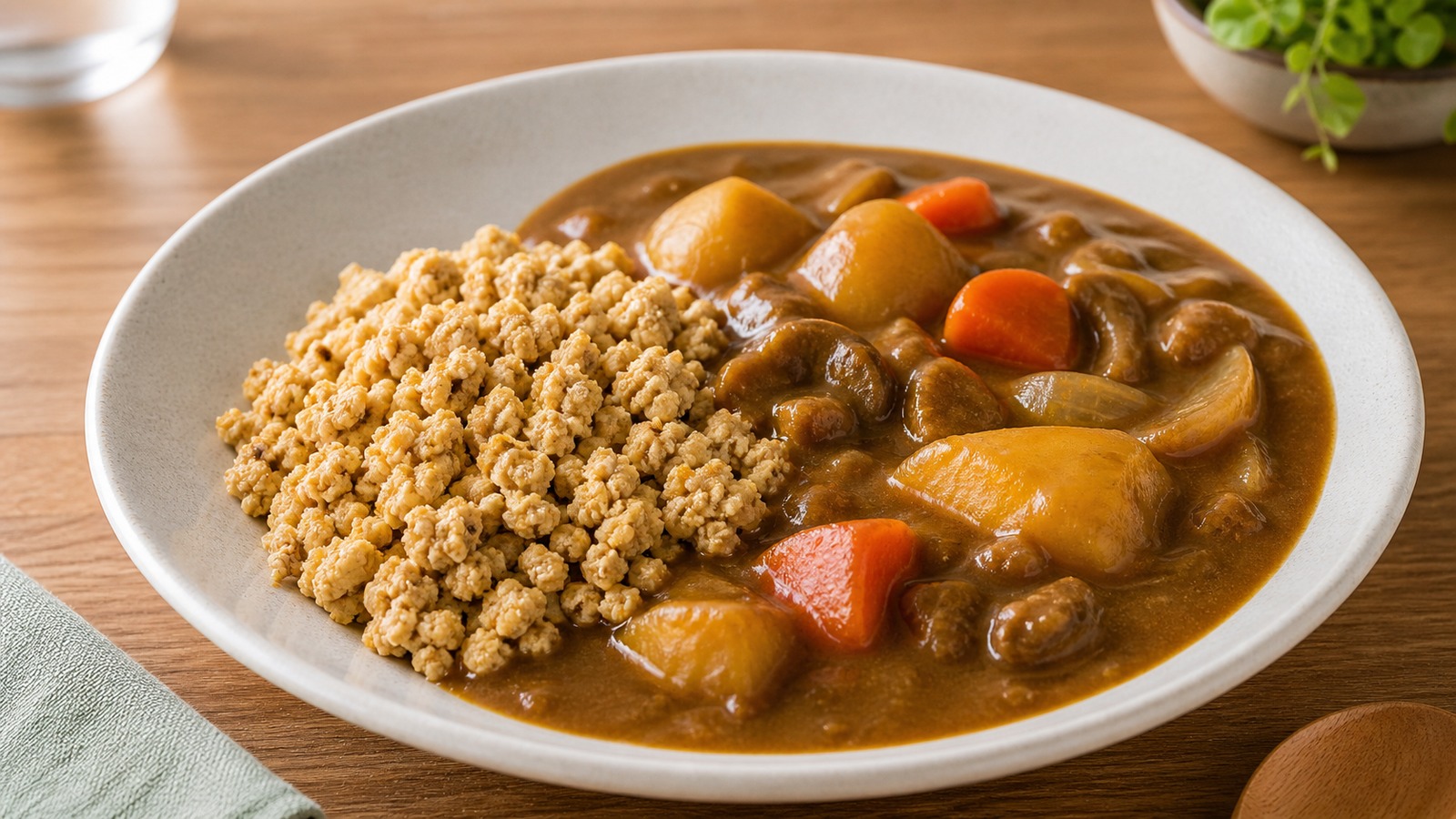 水分を飛ばしてパラッと仕上げた炒り豆腐とカレー