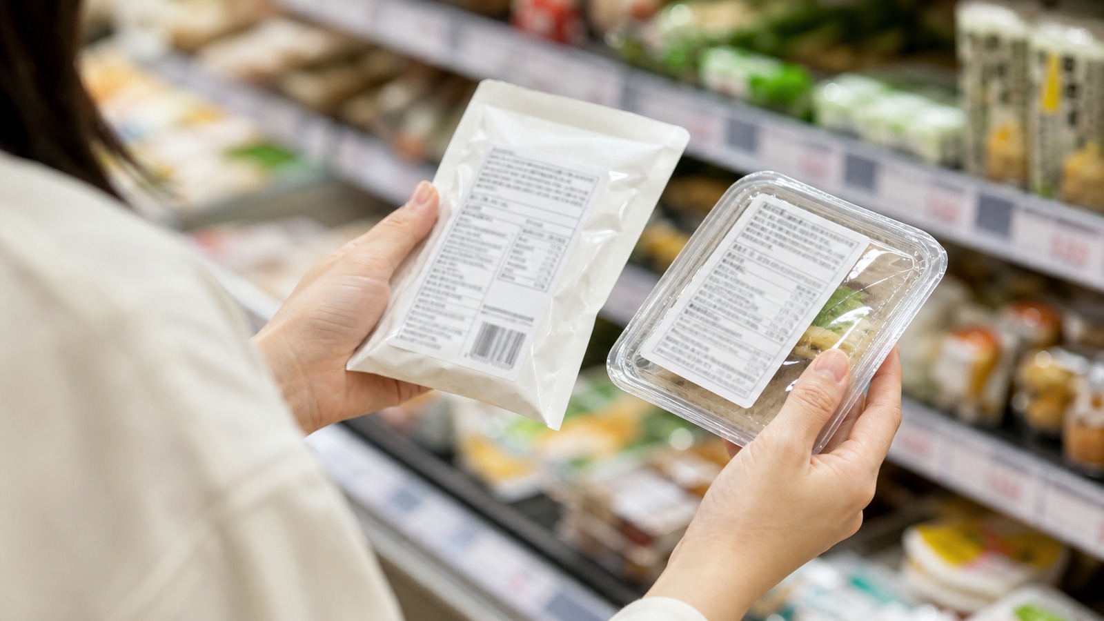 栄養成分表示の単位と原材料表示を確認しながら食品を選ぶ手元