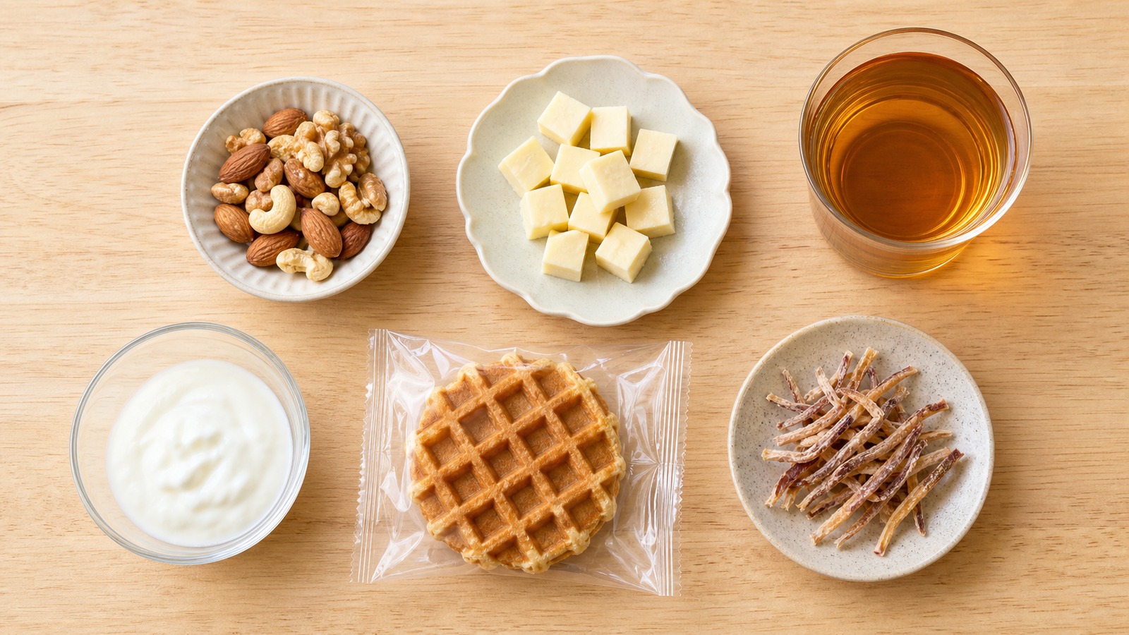 低糖質おやつ候補のナッツ、チーズ、ヨーグルト、焼き菓子を少量ずつ並べた俯瞰写真