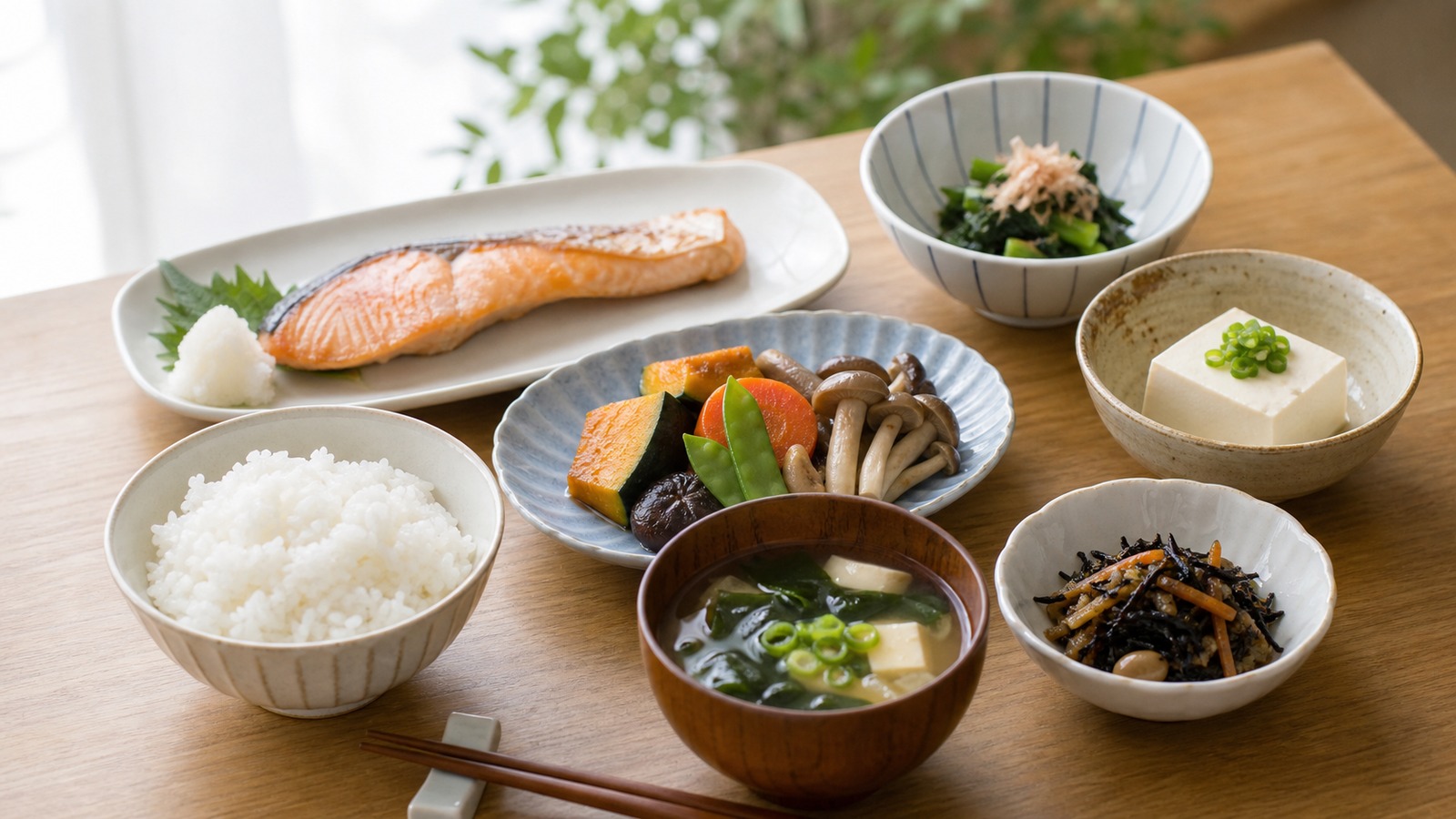 ごはんを適量盛り、魚、野菜、汁物を組み合わせたバランスのよい和食のイメージ
