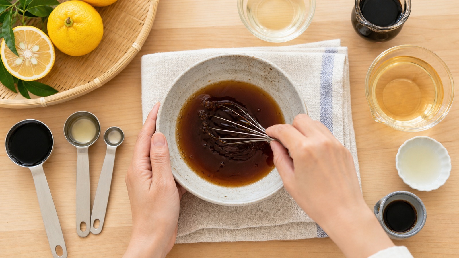 しょうゆ、酢、レモン、だしを小鉢で混ぜてポン酢風だれを作る場面
