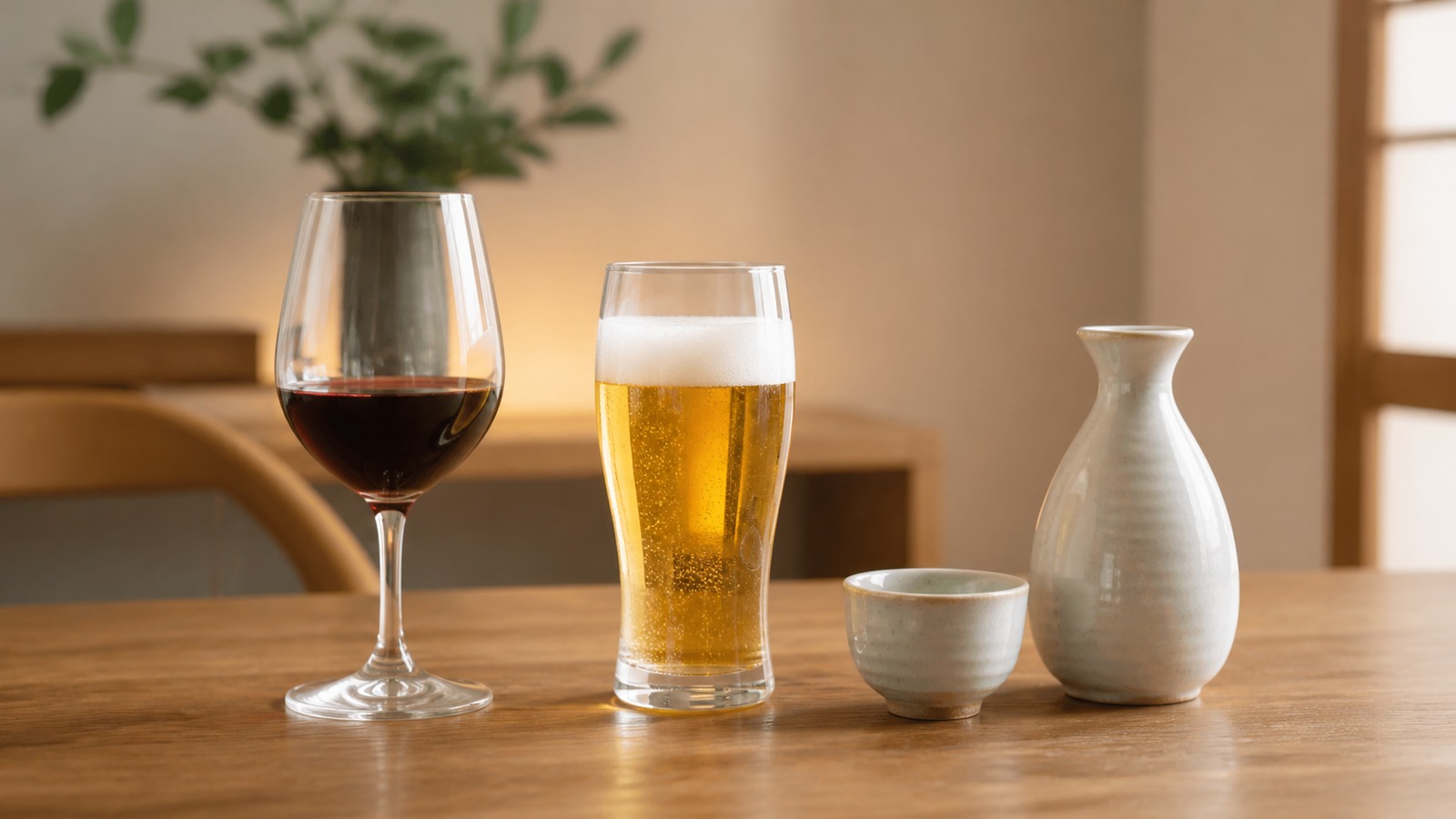 ワイン、ビール、日本酒を小さめのグラスで並べた量の比較イメージ