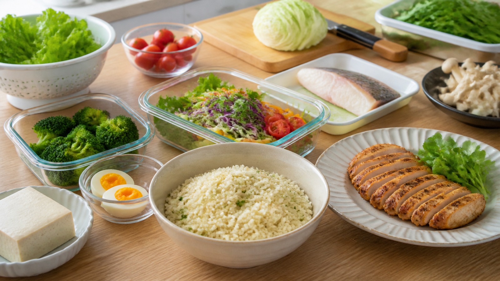 カリフラワーライス、冷凍野菜、主菜惣菜を組み合わせて低糖質寄りの食事を作るイメージ