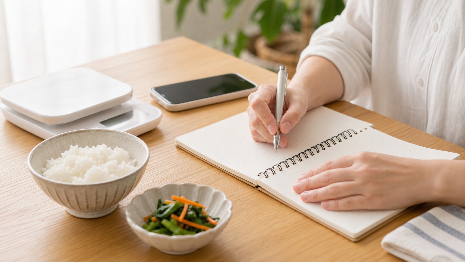 食事記録ノートとスマートフォンを見ながら主食量を確認する日本人の手元